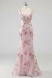 Pink Floral Sequin Square Neck Mermaid Maxi Prom Dress
