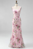 Pink Floral Sequin Square Neck Mermaid Maxi Prom Dress