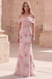 Off The Shoulder Pink Floral Sequin Mermaid Maxi Prom Dress