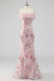 Off The Shoulder Pink Floral Sequin Mermaid Maxi Prom Dress