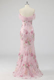 Off The Shoulder Pink Floral Sequin Mermaid Maxi Prom Dress