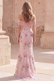 Off The Shoulder Pink Floral Sequin Mermaid Maxi Prom Dress