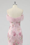 Off The Shoulder Pink Floral Sequin Mermaid Maxi Prom Dress