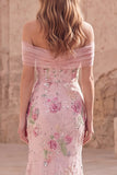 Off The Shoulder Pink Floral Sequin Mermaid Maxi Prom Dress