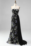 Strapless Pink Floral Sequin Mermaid Prom Dress with Side Streamer