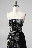 Strapless Pink Floral Sequin Mermaid Prom Dress with Side Streamer