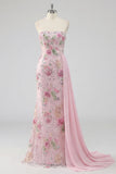 Strapless Pink Floral Sequin Mermaid Prom Dress with Side Streamer
