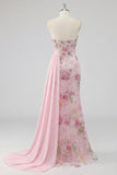 Strapless Pink Floral Sequin Mermaid Prom Dress with Side Streamer