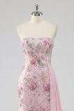 Strapless Pink Floral Sequin Mermaid Prom Dress with Side Streamer
