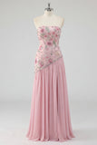 Strapless Pink Floral Sequin Prom Dress with Silt