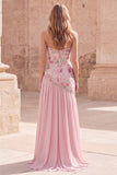 Strapless Pink Floral Sequin Prom Dress with Silt