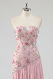 Strapless Pink Floral Sequin Prom Dress with Silt