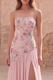 Strapless Pink Floral Sequin Prom Dress with Silt
