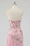 Strapless Pink Floral Sequin Prom Dress with Silt