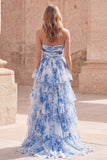 Strapless White Blue Floral Ruffled Prom Dress with Slit