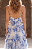 Ruffled White Blue Spaghetti Straps Floral A Line Prom Dress
