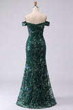 Sparkly Dark Green Off the Shoulder Mermaid Prom Dress with Slit