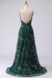 Dark Green Sequin A Line Maxi Prom Dress