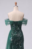 Off the Shoulder Sequin Ruched Dark Green A Line Prom Dress