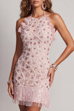 Halter Pink Bodycon Sparkly Mini Homecoming Dress With Fringes