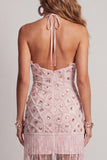 Halter Pink Bodycon Sparkly Mini Homecoming Dress With Fringes