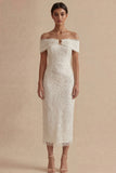 Off the Shoulder Bodycon White Dress with Pearls