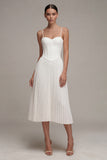 Basque Waist A Line Pleated Midi White Dress