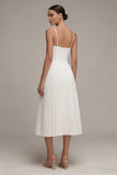 Basque Waist A Line Pleated Midi White Dress