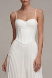 Basque Waist A Line Pleated Midi White Dress