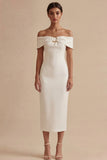 Off the Shoulder Satin Bodycon Midi White Dress