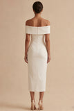 Off the Shoulder Satin Bodycon Midi White Dress