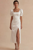 Satin Short Sleeve Ruched White Dress with Slit