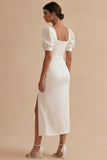 Satin Short Sleeve Ruched White Dress with Slit