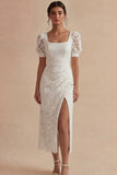 Lace Square Neck Ruched White Dress with Slit