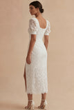 Lace Square Neck Ruched White Dress with Slit