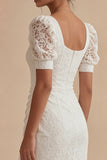 Lace Square Neck Ruched White Dress with Slit