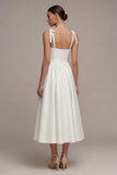 A Line Satin Ruched White Midi Engagement Dress