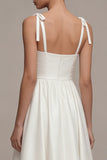 A Line Satin Ruched White Midi Engagement Dress