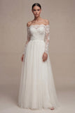 White Off the Shoulder Lace A Line Tulle Wedding Dress