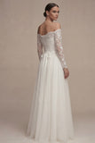 White Off the Shoulder Lace A Line Tulle Wedding Dress