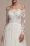 White Off the Shoulder Lace A Line Tulle Wedding Dress