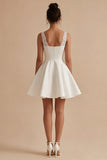 A Line Satin Appliqued V Neck Mini White Dress