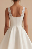 A Line Satin Appliqued V Neck Mini White Dress