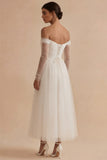 Off the Shoulder Tulle A Line White Ruched Engagement Dress