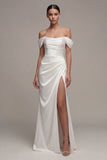 Off the Shoulder Satin Ruched White Engagement Dress