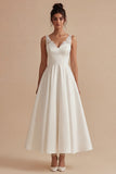 White A Line Satin V Neck Maxi Engagement Dress