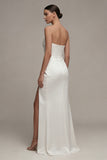 Strapless Satin Ruched White Engagement Dress with Slit