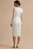 Long Sleeve Appliqued White Bodycon Midi Engagement Dress