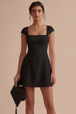 Square Neck A Line Satin Mini White Dress with Cap Sleeves