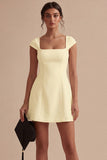 Square Neck A Line Satin Mini White Dress with Cap Sleeves
